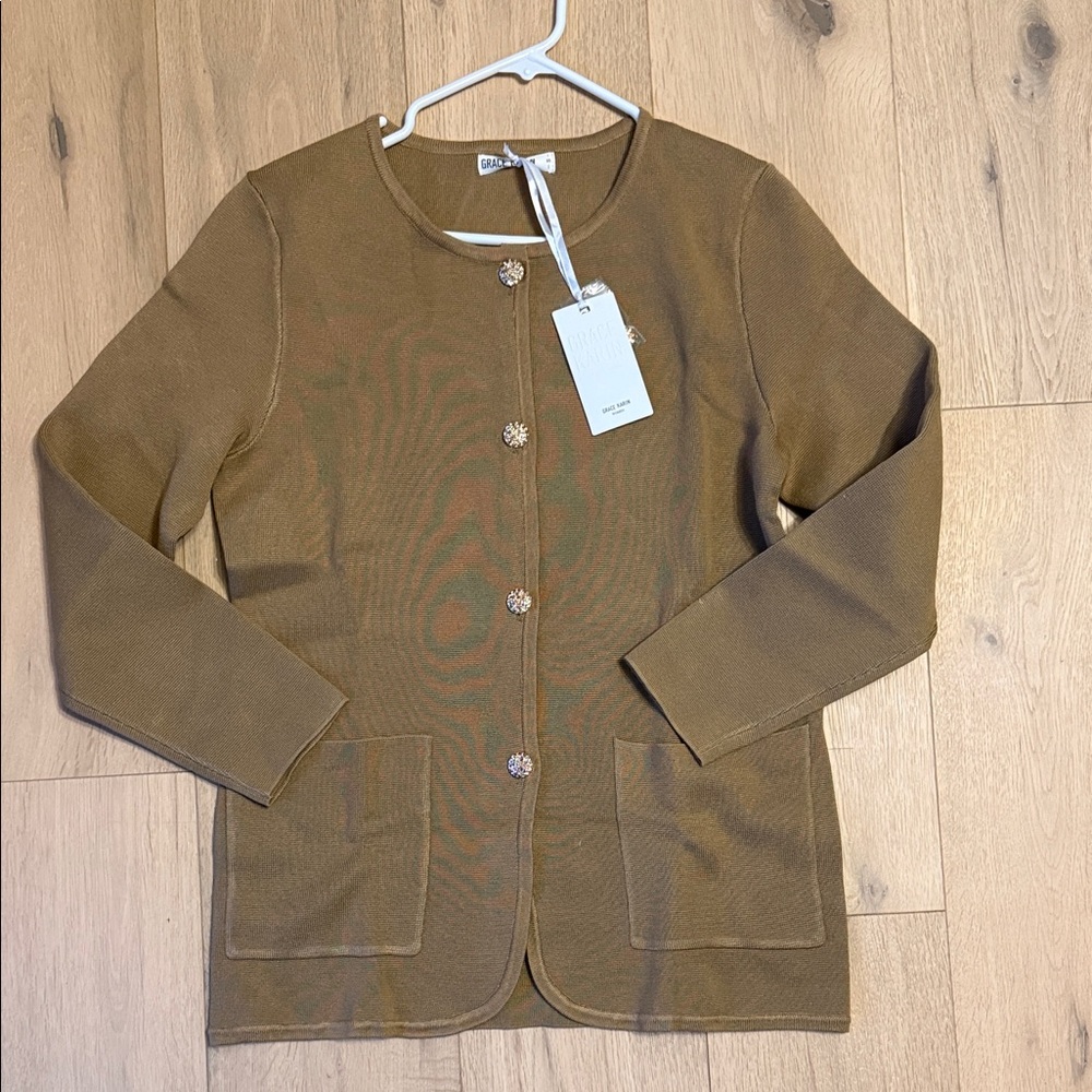 Grace Karin Tan Button-Up Cardigan with pockets Women's Blazer Size Small